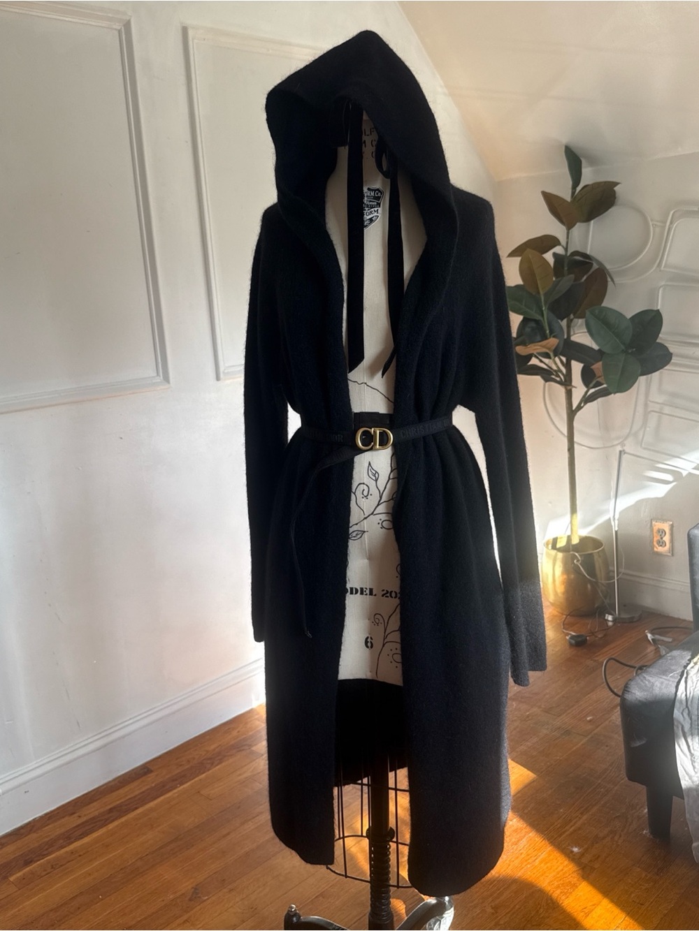 Babaton Black Hooded Knit Cardigan with Belt